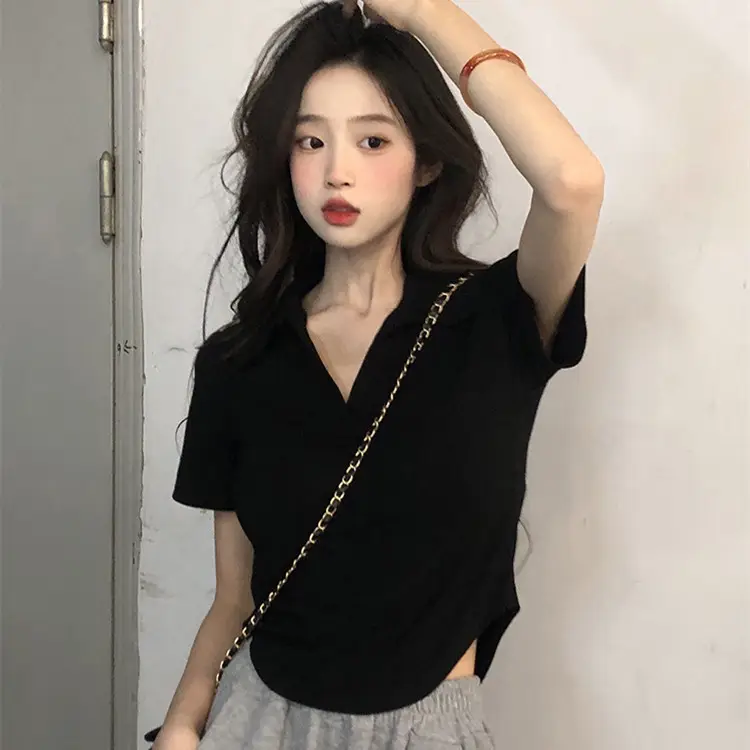 Women Black V-Neck T-Shirt Short Sleeve Summer - Image 3