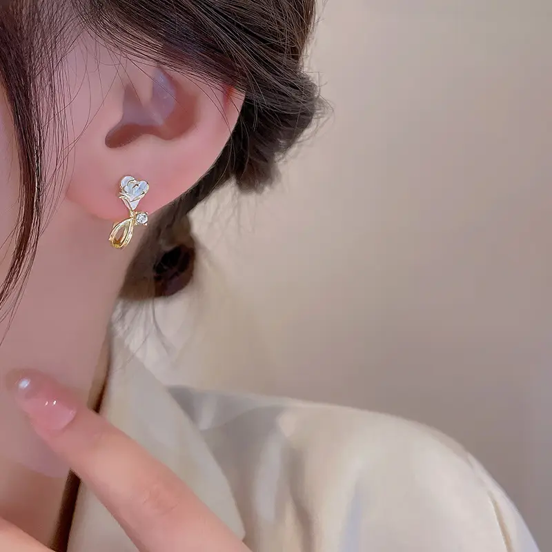 S925 Silver Heart Needle Ear Studs for Women