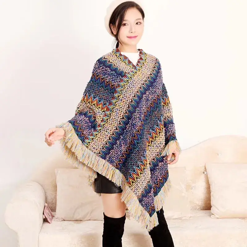 Ethnic Knitted Frock for Women Autumn Winter Fringed Shawl
