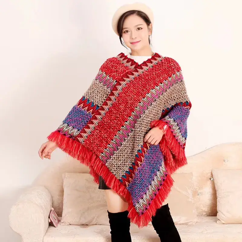 Ethnic Knitted Frock for Women Autumn Winter Fringed Shawl