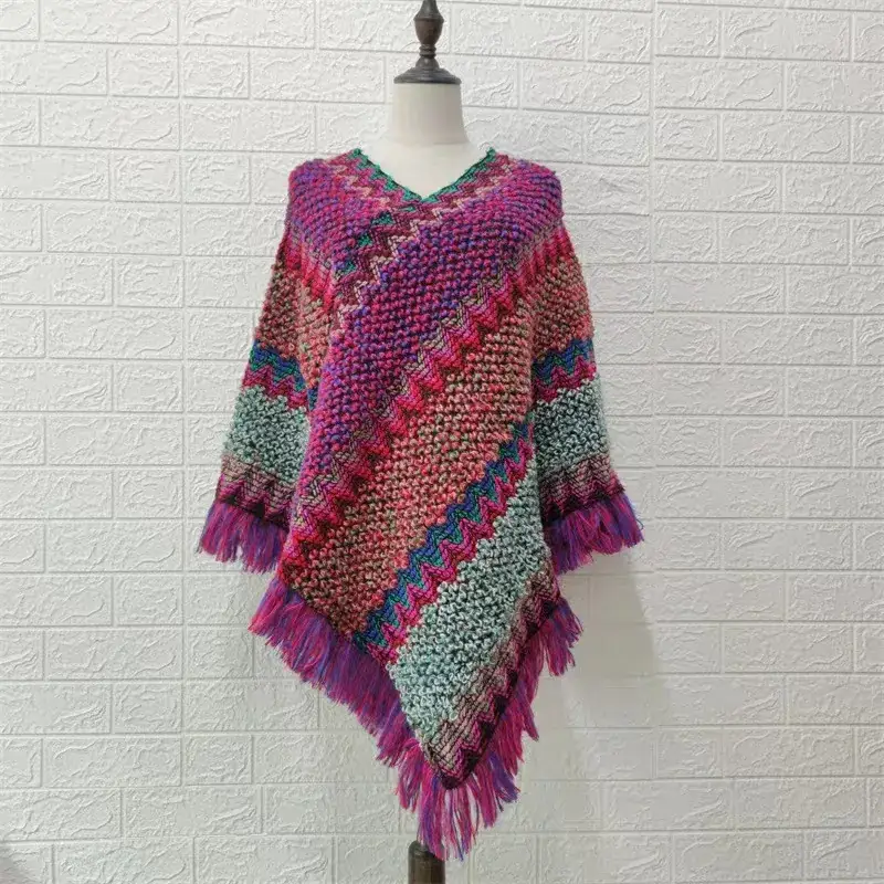 Ethnic Knitted Frock for Women Autumn Winter Fringed Shawl