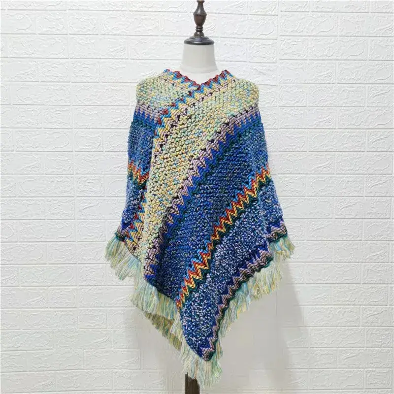 Ethnic Knitted Frock for Women Autumn Winter Fringed Shawl