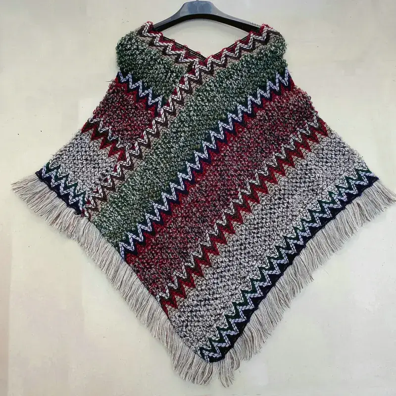 Ethnic Knitted Frock for Women Autumn Winter Fringed Shawl