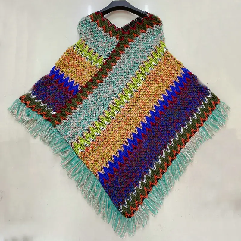 Ethnic Knitted Frock for Women Autumn Winter Fringed Shawl