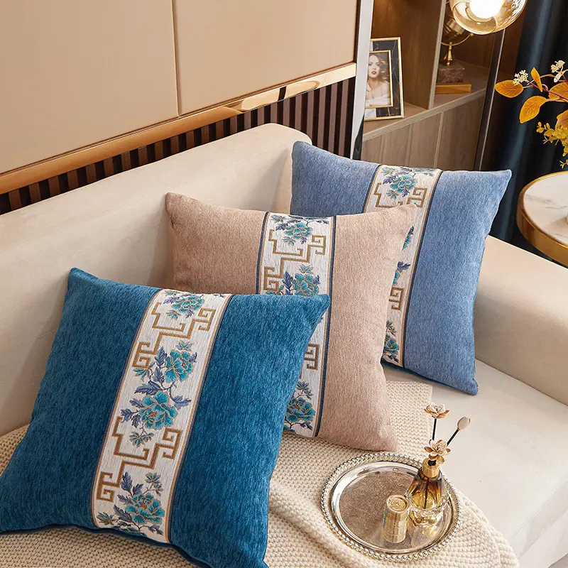 Chenille Cushion with Chinese Embroidery Blue Sofa Pillow