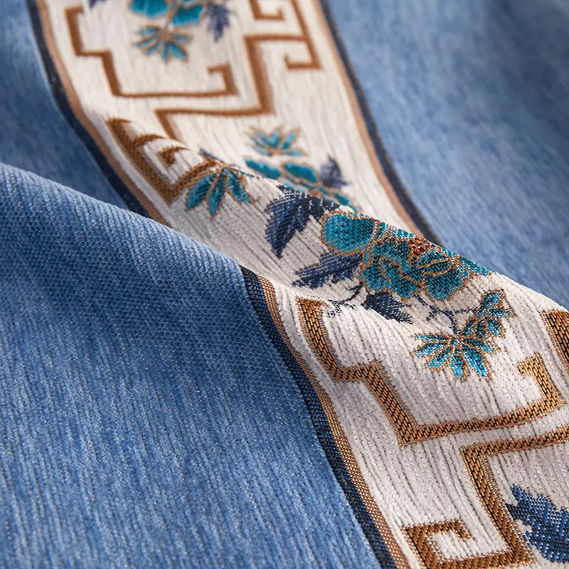 Chenille Cushion with Chinese Embroidery Blue Sofa Pillow