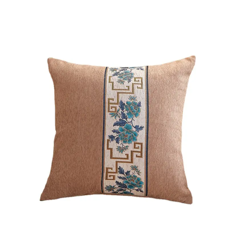 Chenille Cushion with Chinese Embroidery Blue Sofa Pillow