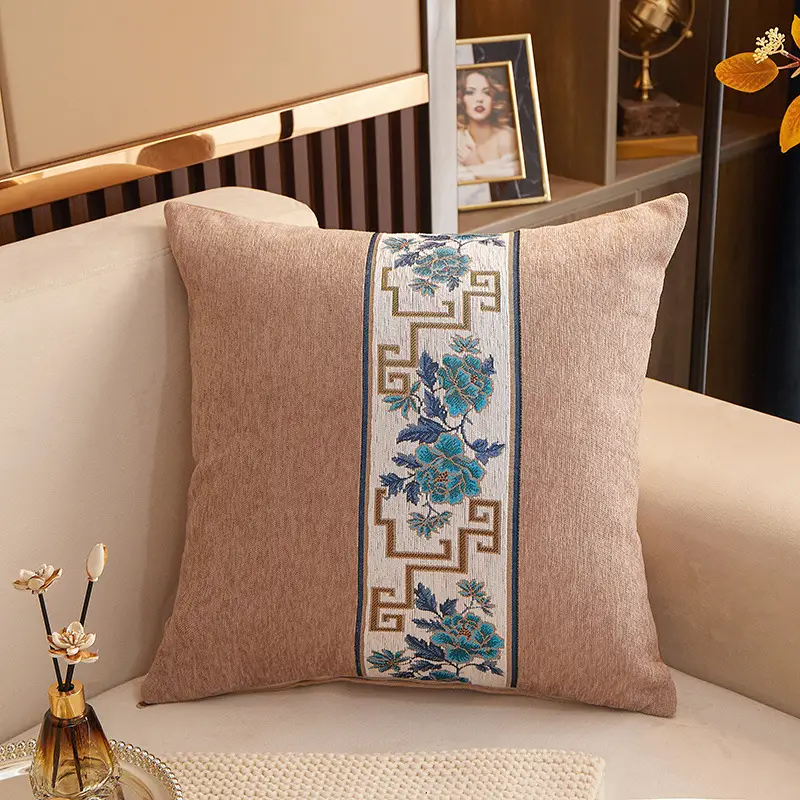 Chenille Cushion with Chinese Embroidery Blue Sofa Pillow