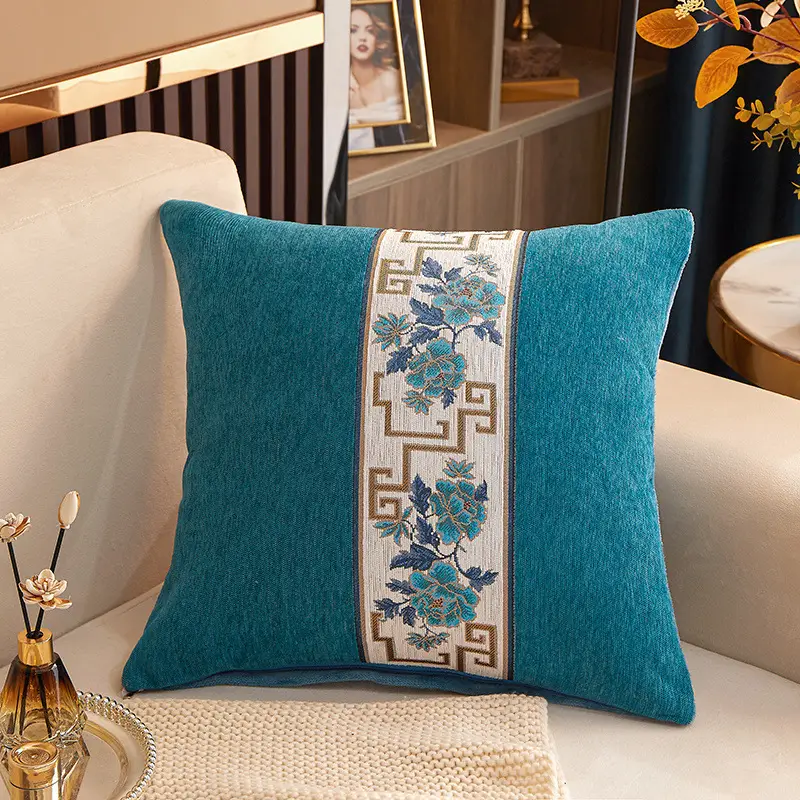 Chenille Cushion with Chinese Embroidery Blue Sofa Pillow
