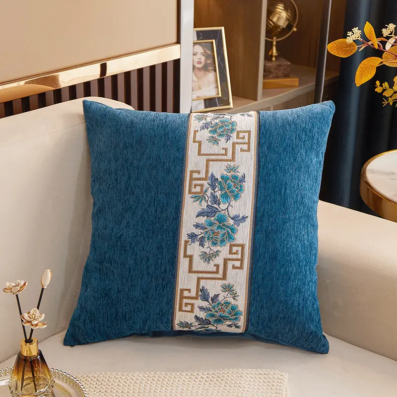 Chenille Cushion with Chinese Embroidery Blue Sofa Pillow