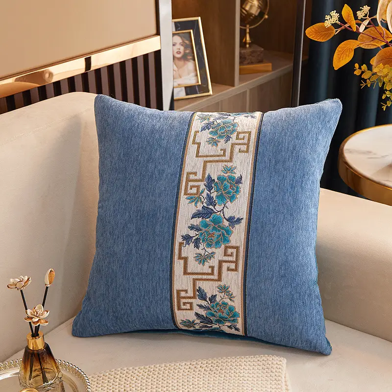 Chenille Cushion with Chinese Embroidery Blue Sofa Pillow
