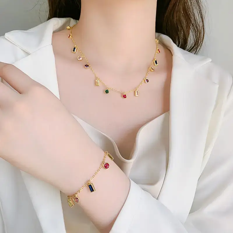 Gold Chain Necklace with Colorful Glass Stones for Women - Image 4