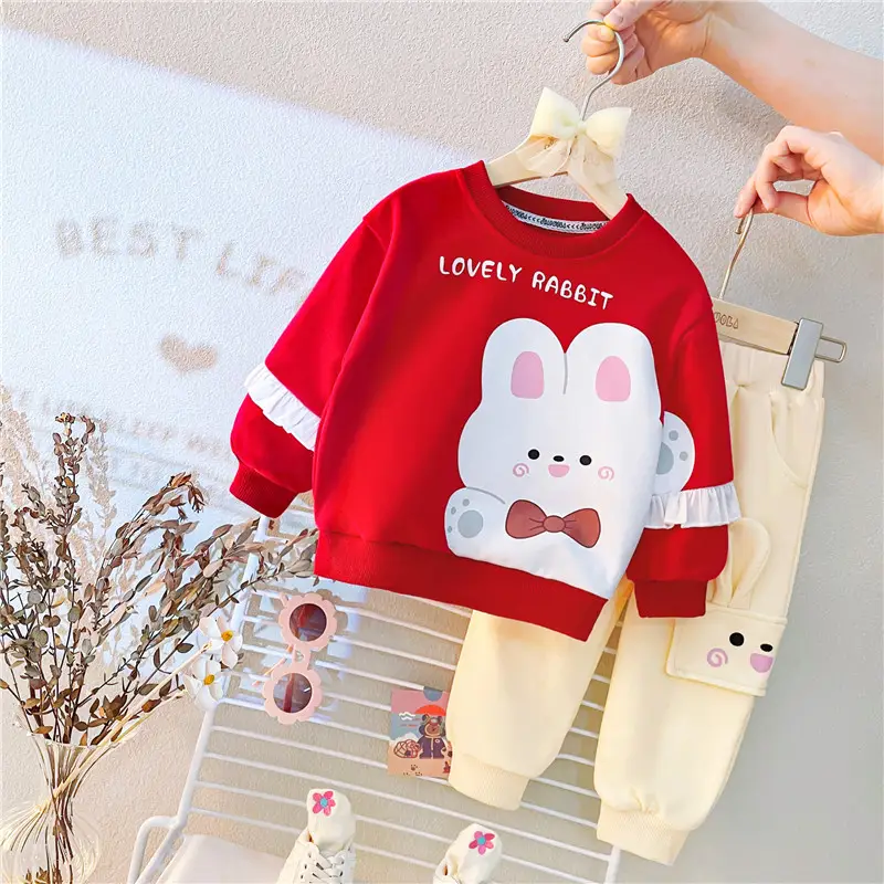 Girls Cartoon Print 2-3Yr Pink Yellow Sweatshirt Pants Set - Image 5