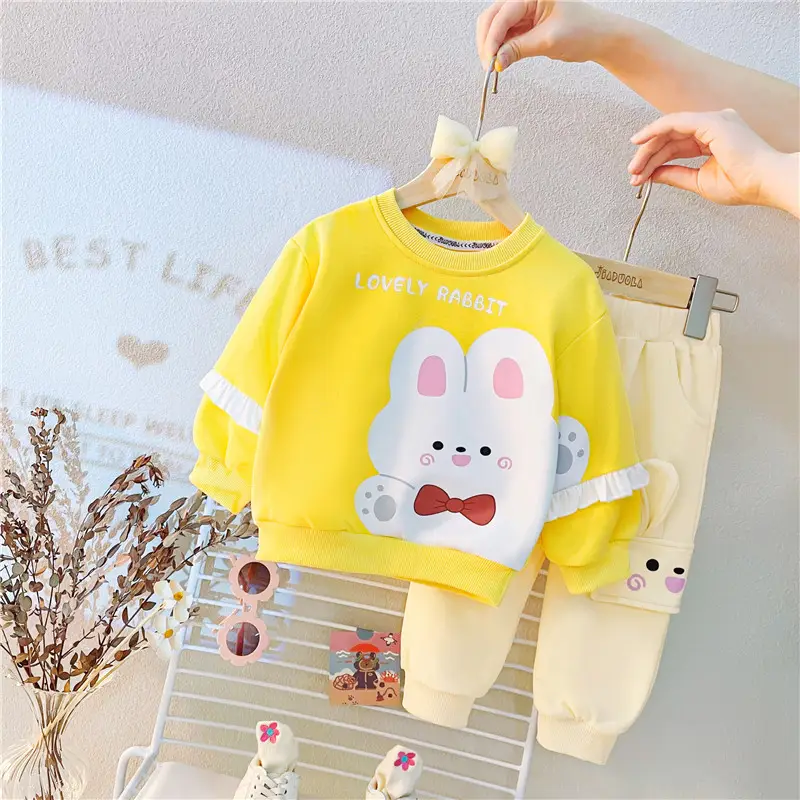 Girls Cartoon Print 2-3Yr Pink Yellow Sweatshirt Pants Set - Image 2