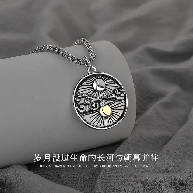 Retro Sun Moon Star Necklace for Men Silver Chain - Image 4