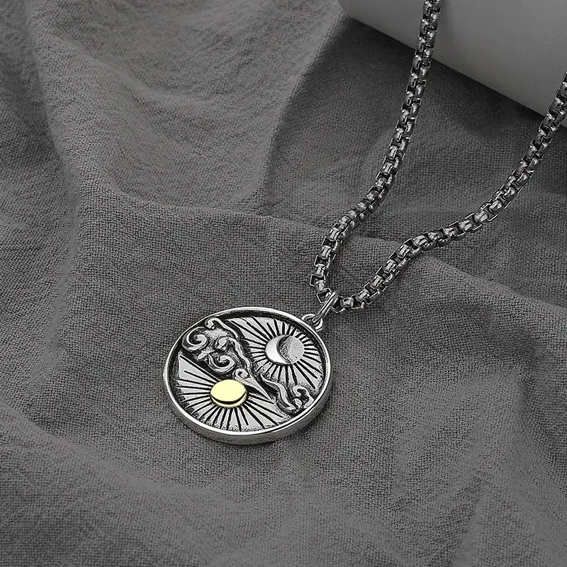 Retro Sun Moon Star Necklace for Men Silver Chain - Image 5