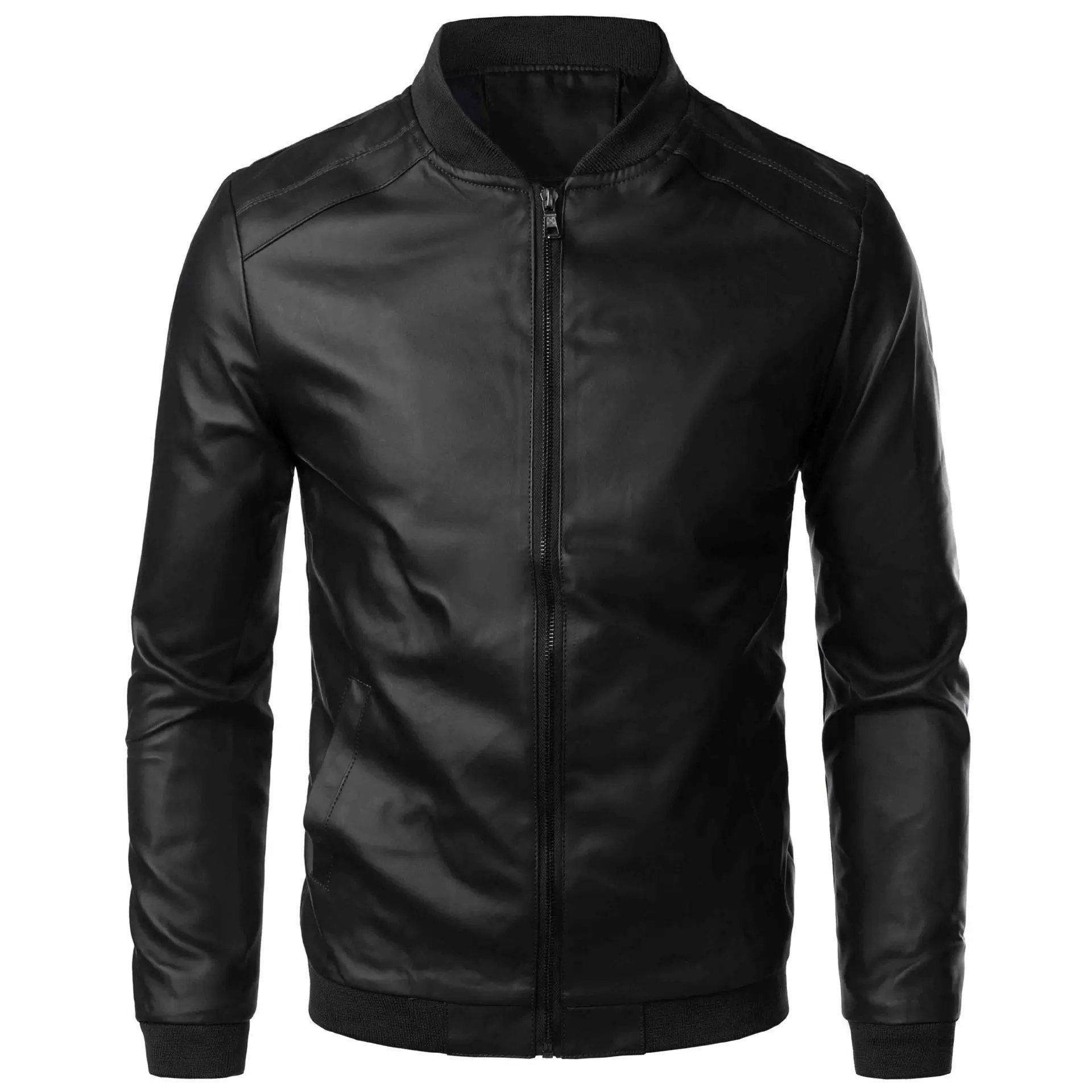 Men's Brown Leather Jacket with Stand Collar - Image 5