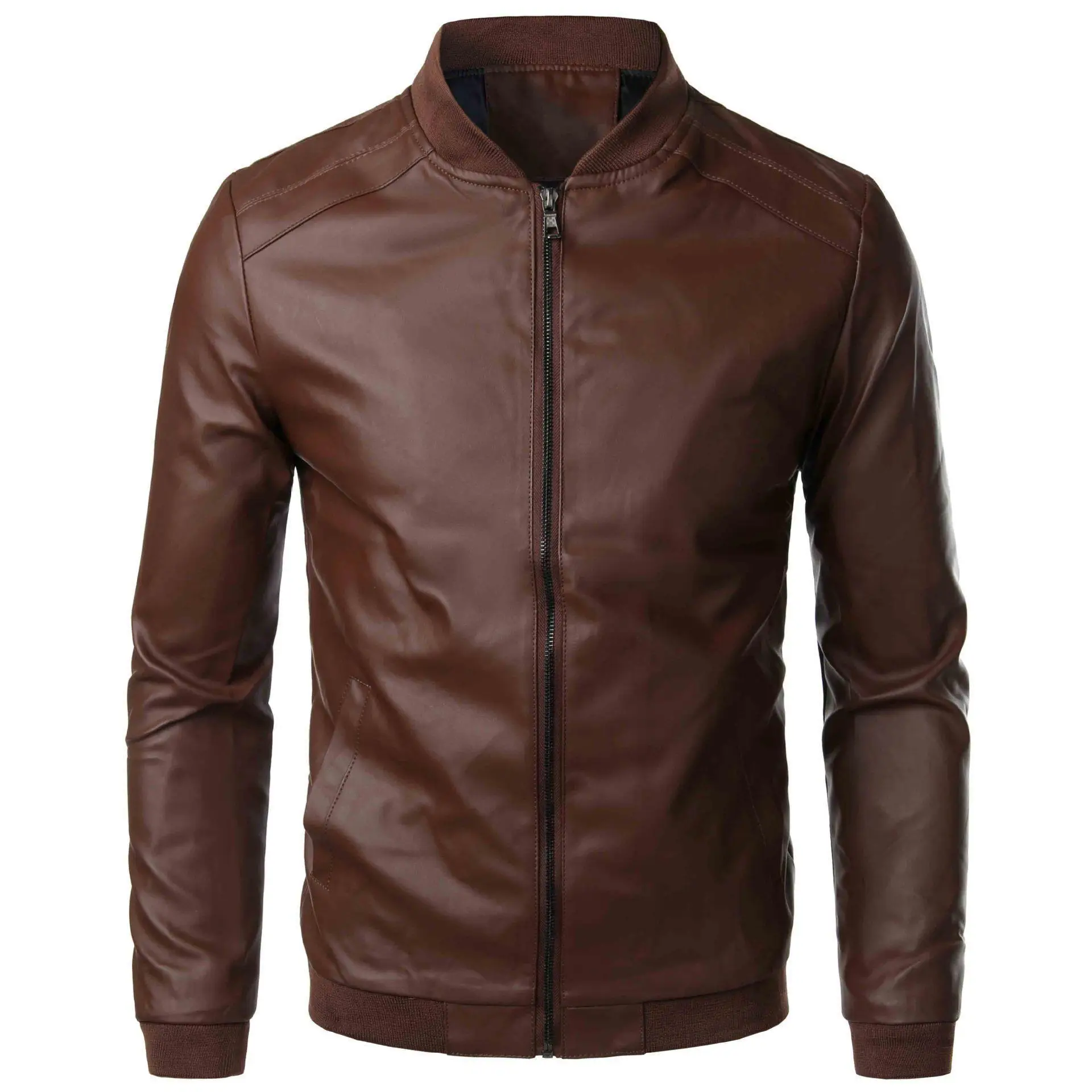 Men's Brown Leather Jacket with Stand Collar - Image 7