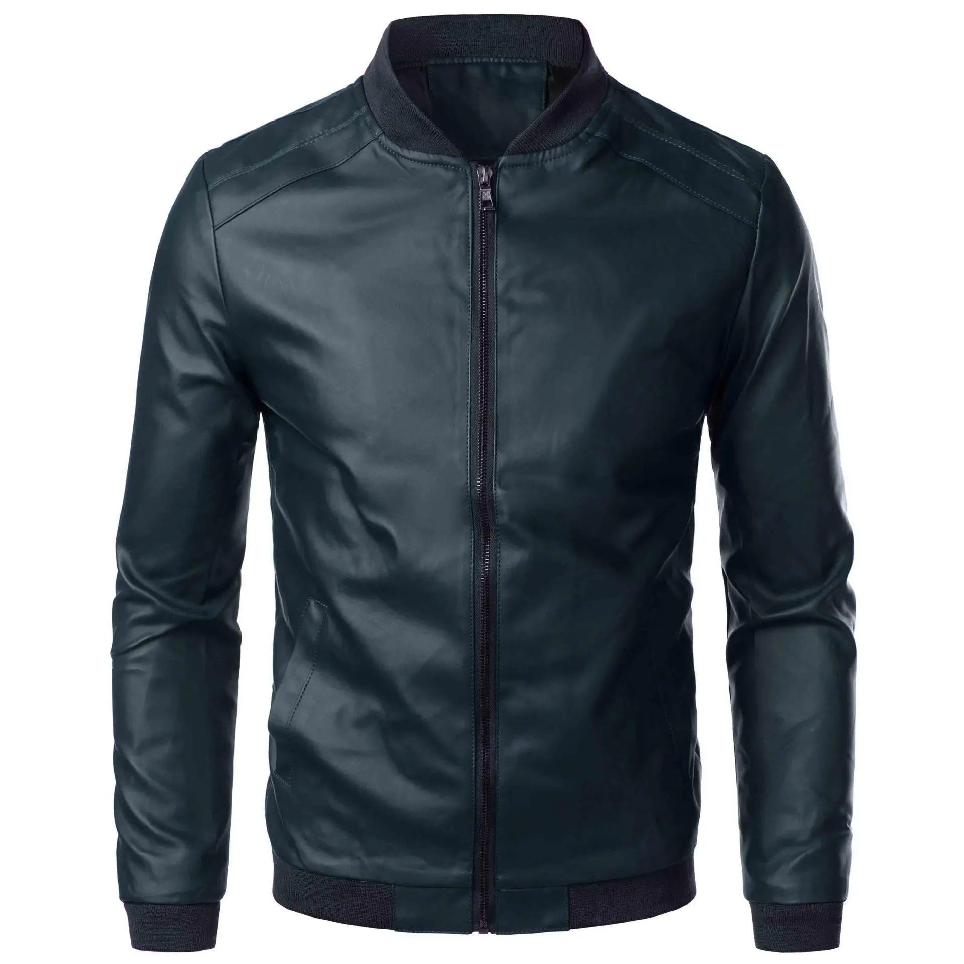 Men's Brown Leather Jacket with Stand Collar — feature 12