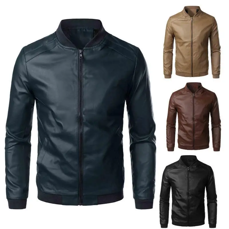 Men's Brown Leather Jacket with Stand Collar — feature 3