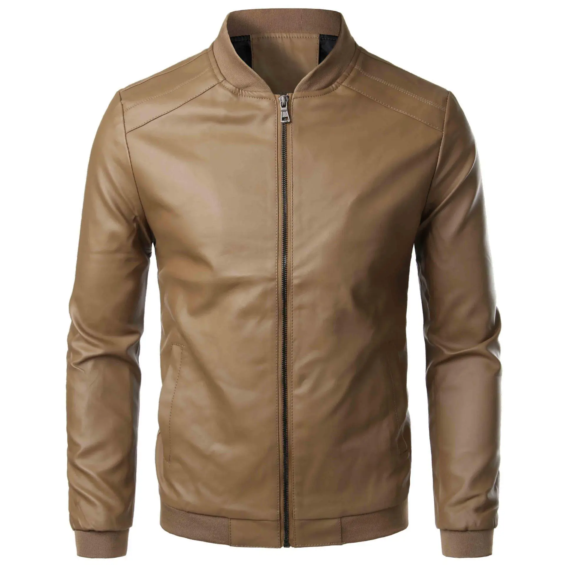 Men's Brown Leather Jacket with Stand Collar — feature 4