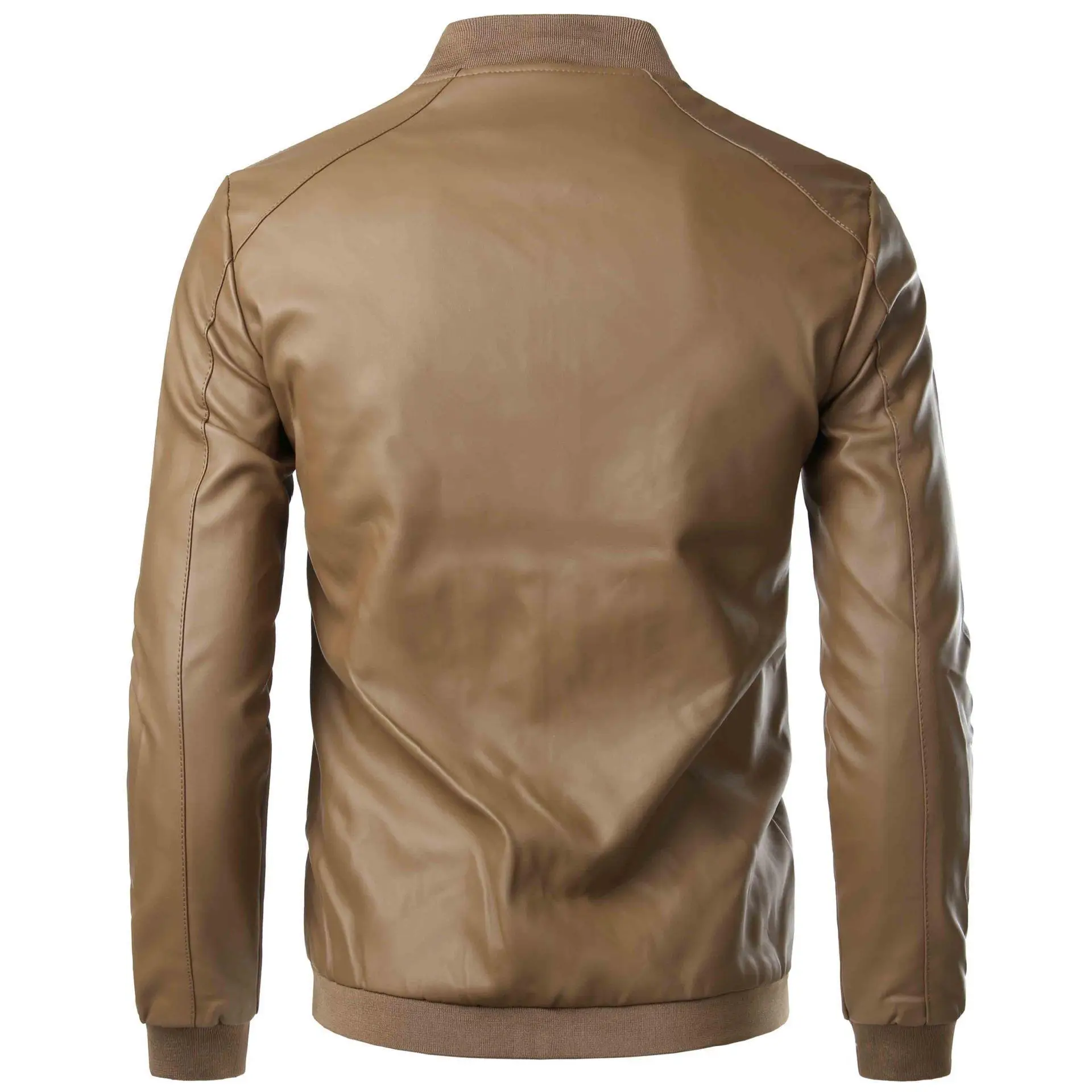 Men's Brown Leather Jacket with Stand Collar — feature 5