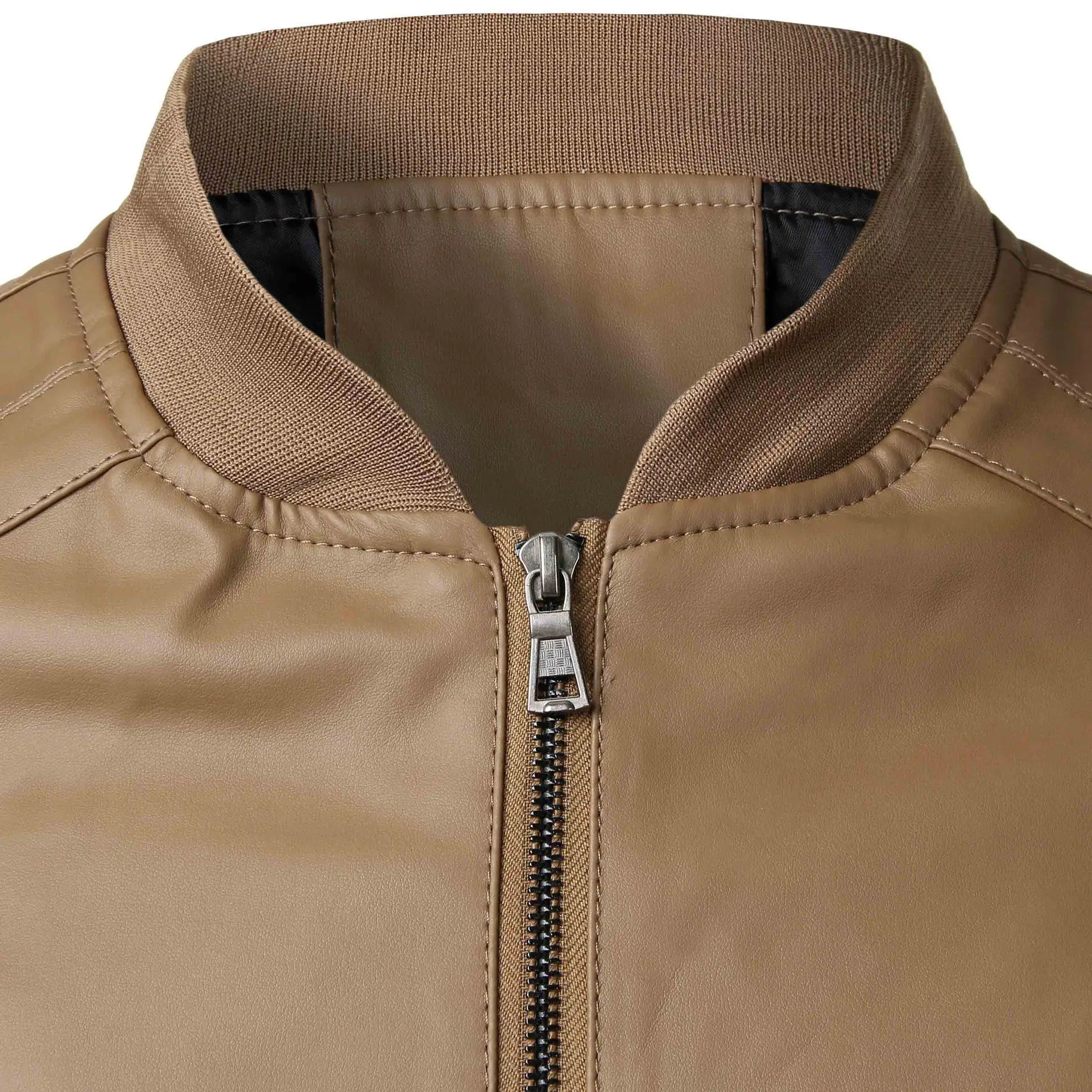 Men's Brown Leather Jacket with Stand Collar — feature 6