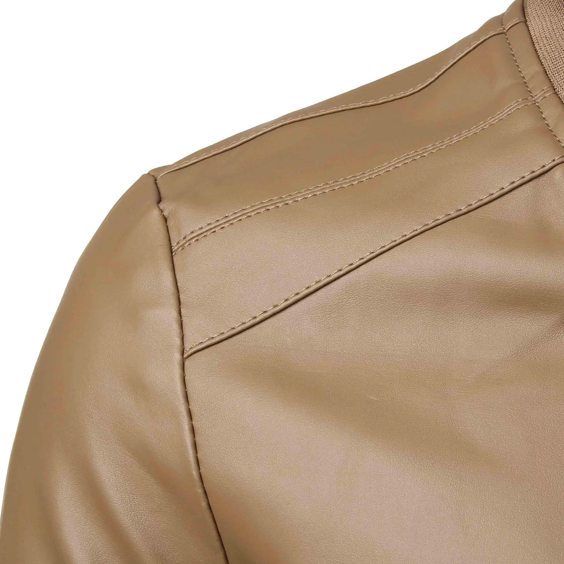 Men's Brown Leather Jacket with Stand Collar — feature 7