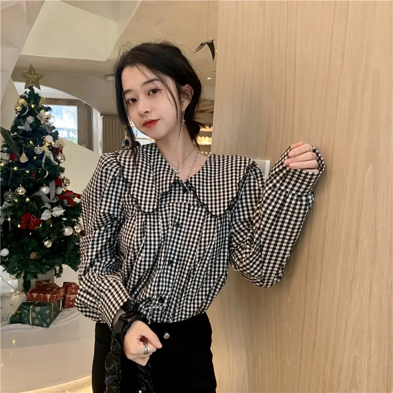 Long Sleeve Plaid Shirt Women Spring Fall Wear - Image 3
