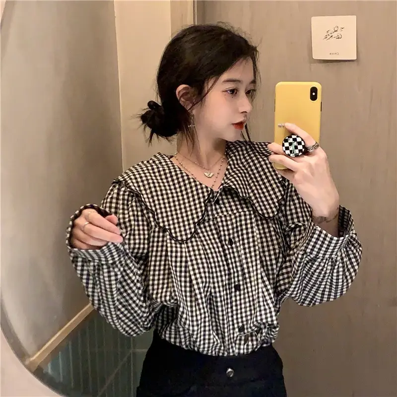 Long Sleeve Plaid Shirt Women Spring Fall Wear - Image 4