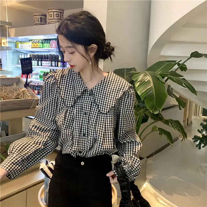 Long Sleeve Plaid Shirt Women Spring Fall Wear - Image 5