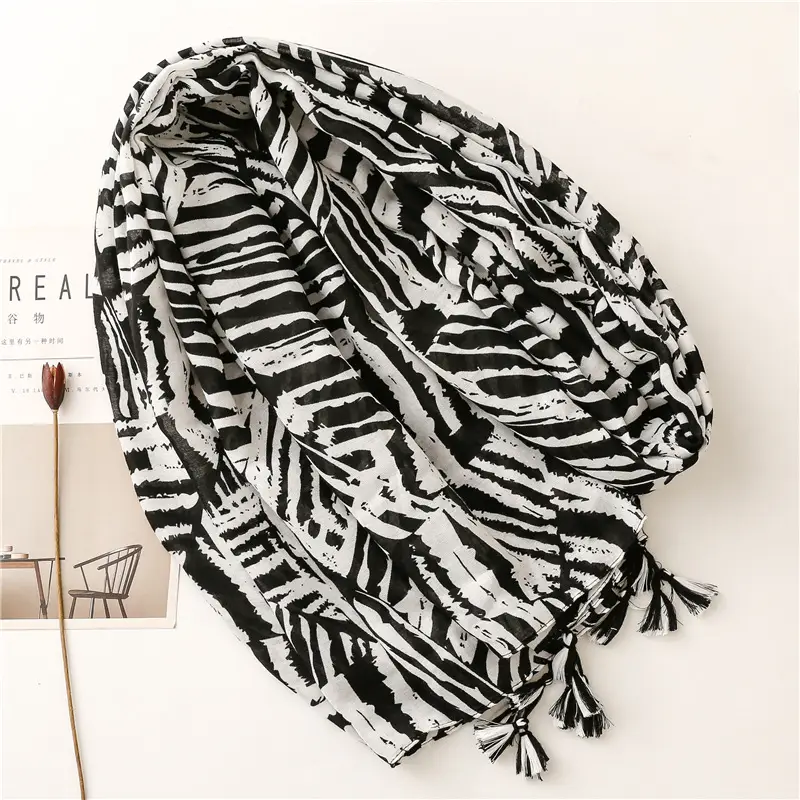 Women's Black & White Zebra Scarf with Zebra Pattern Tassel - Image 3