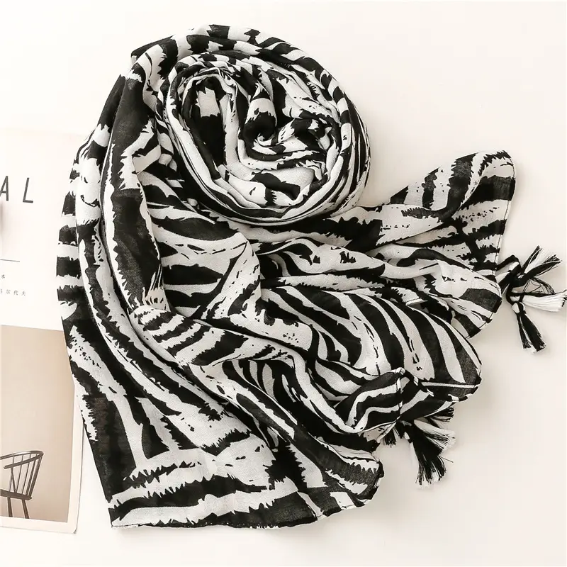 Women's Black & White Zebra Scarf with Zebra Pattern Tassel - Image 4