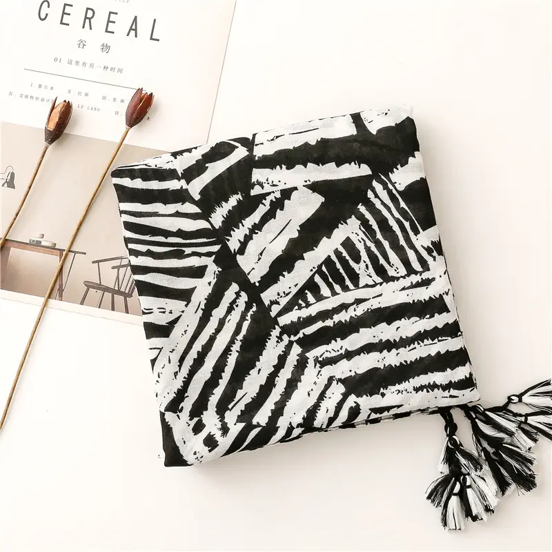Women's Black & White Zebra Scarf with Zebra Pattern Tassel — feature 14