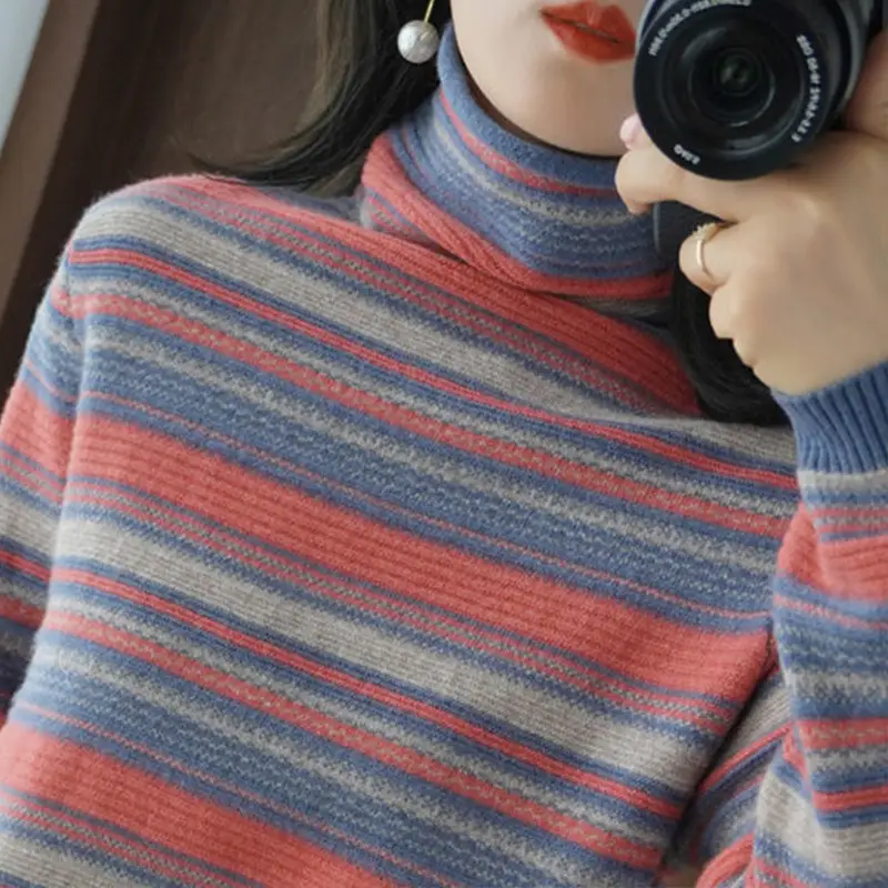 Retro Striped Knit Turtleneck for Women