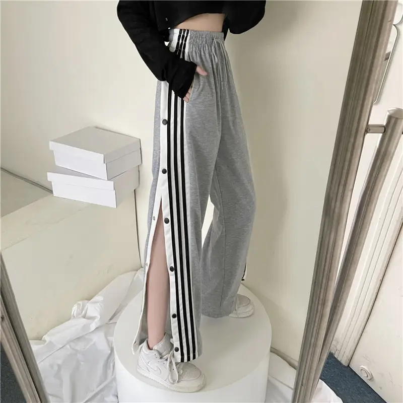 Women's Black Wide-leg Pants with Button Design - Image 3