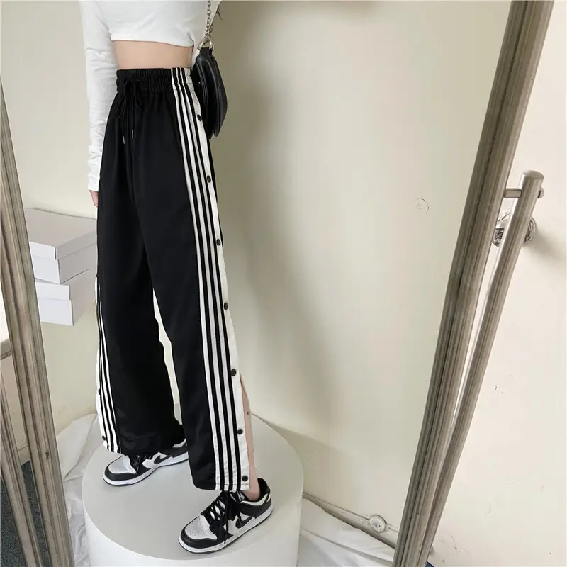 Women's Black Wide-leg Pants with Button Design - Image 5