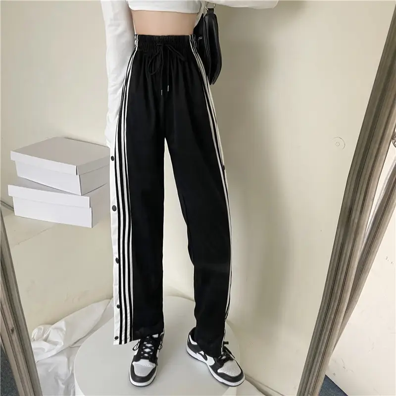 Women's Black Wide-leg Pants with Button Design - Image 2