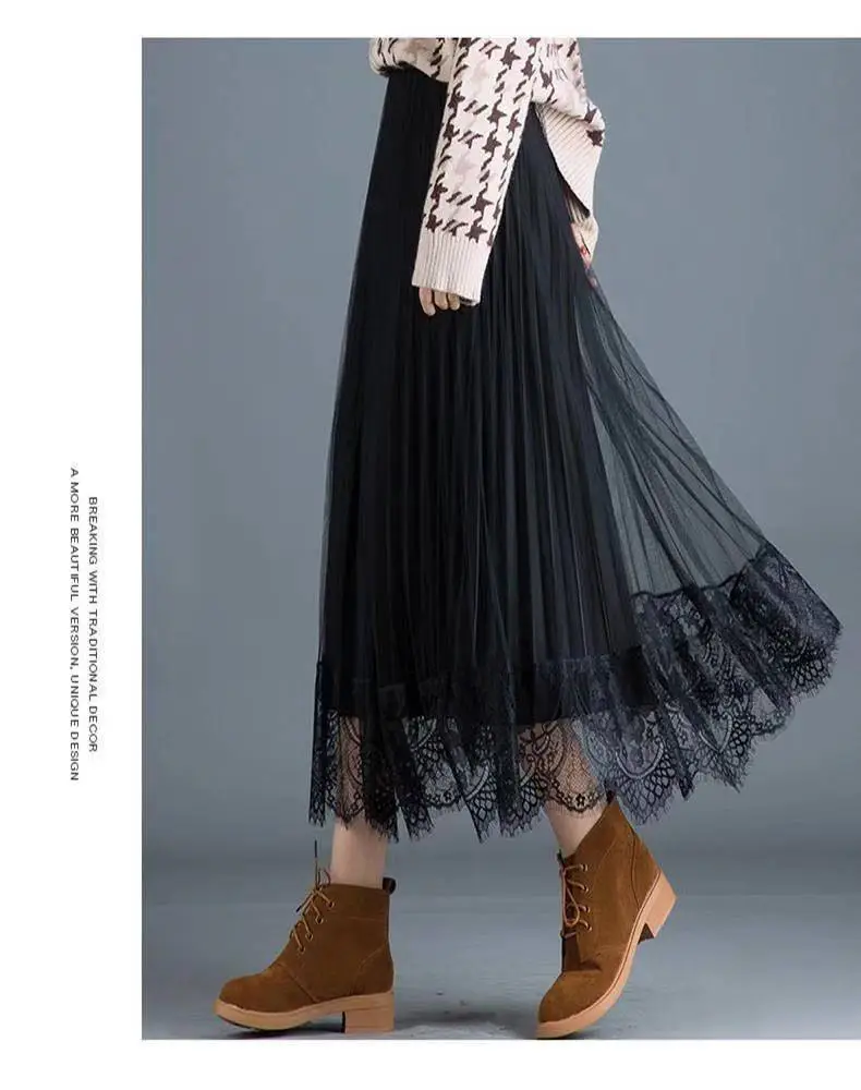 Women's Lace Pleated Skirt Large Winter Warm — feature 10