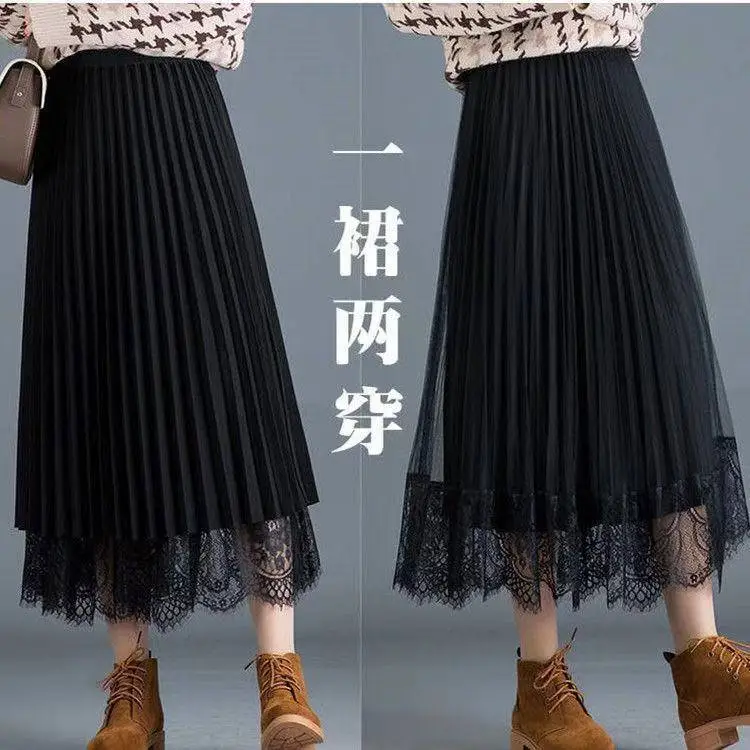 Women's Lace Pleated Skirt Large Winter Warm — feature 8