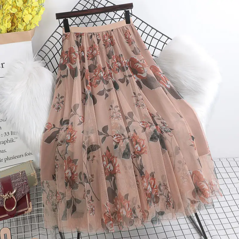 Printed Floral Skirt Slim Fit Mid Length Mesh Four Season - Image 5