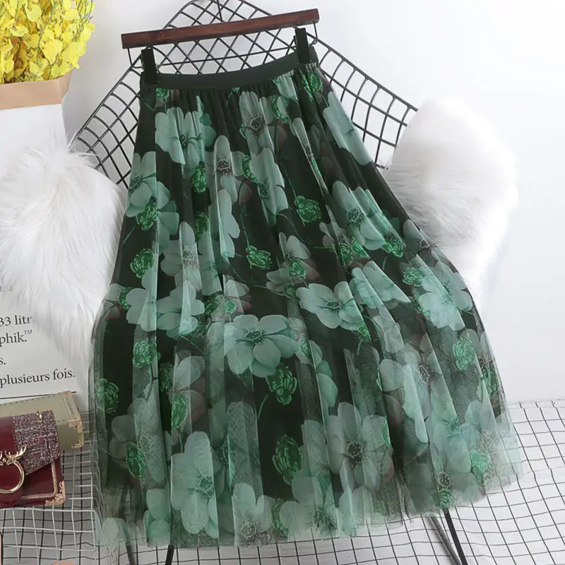Printed Floral Skirt Slim Fit Mid Length Mesh Four Season — feature 2