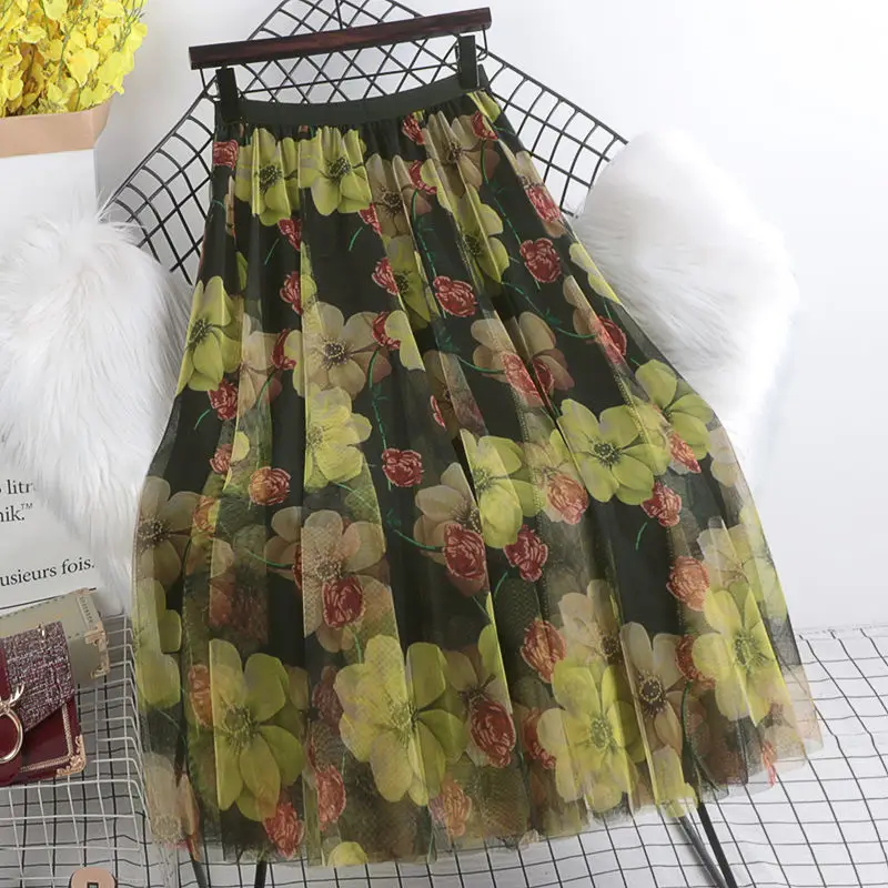 Printed Floral Skirt Slim Fit Mid Length Mesh Four Season — feature 4