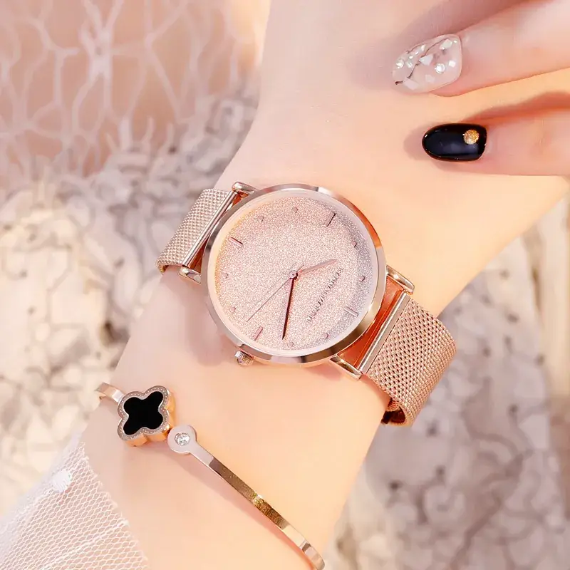 Frosted Star Watch for Women Rose Gold Mesh Belt - Image 9