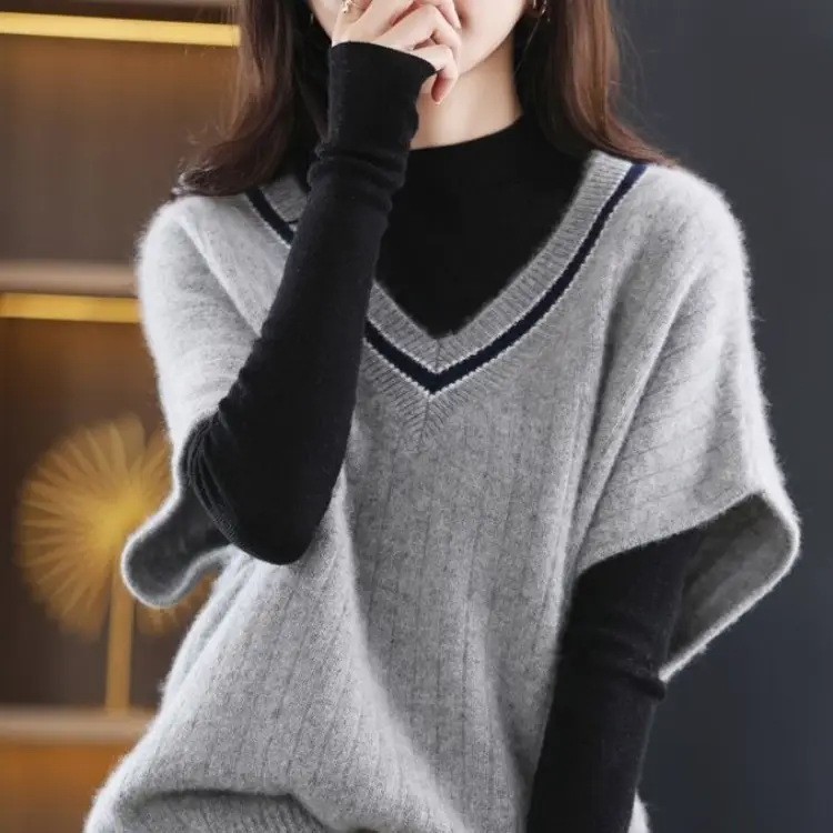 Women's Grey V-Neck Knitted Vest for Autumn Winter - Image 7