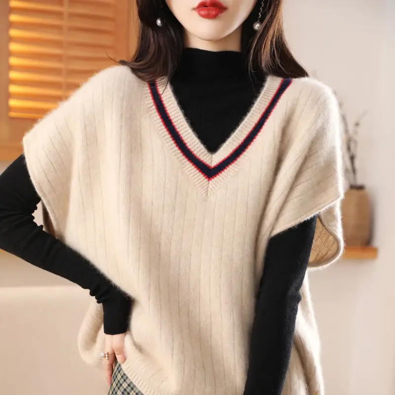 Women's Grey V-Neck Knitted Vest for Autumn Winter - Image 2