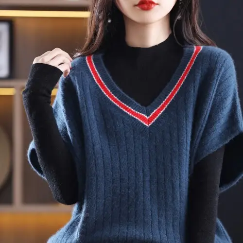 Women's Grey V-Neck Knitted Vest for Autumn Winter - Image 3