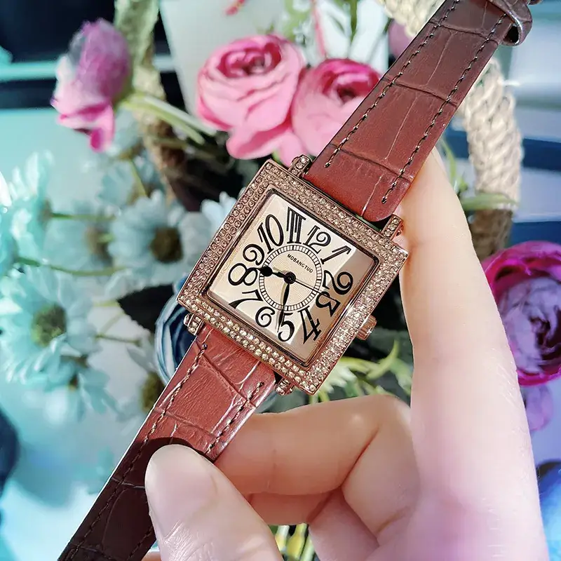 Women's Diamond Square Quartz Watch Brown Leather Belt