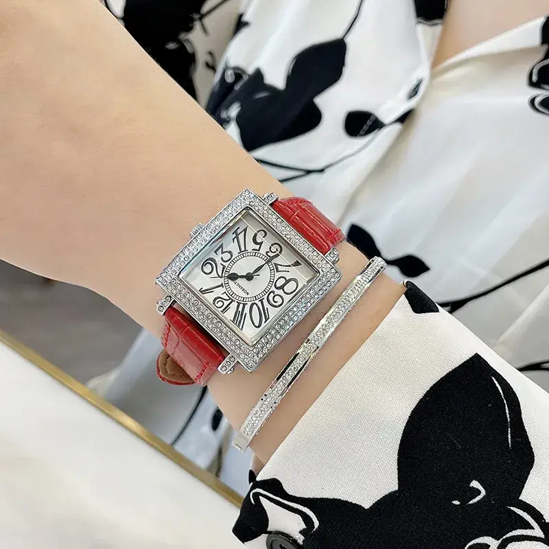 Women's Diamond Square Quartz Watch Brown Leather Belt
