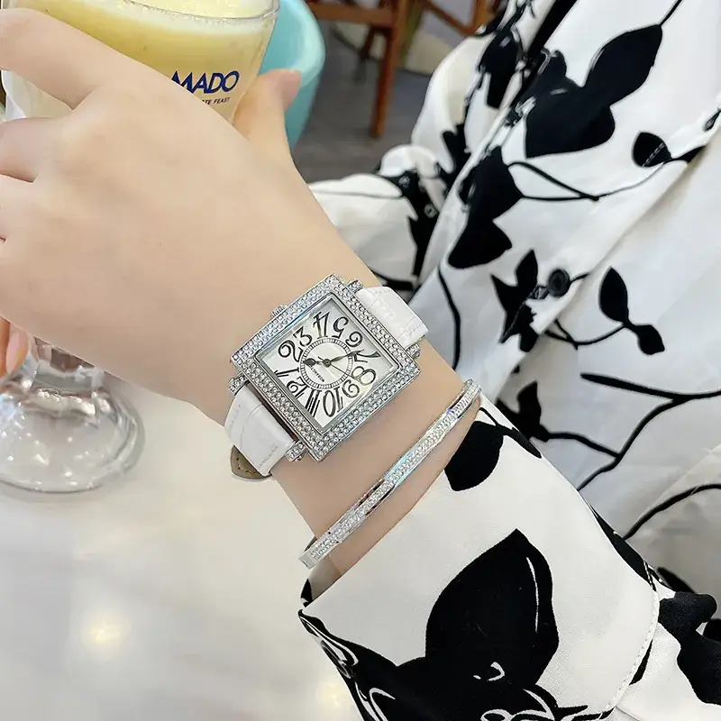 Women's Diamond Square Quartz Watch Brown Leather Belt